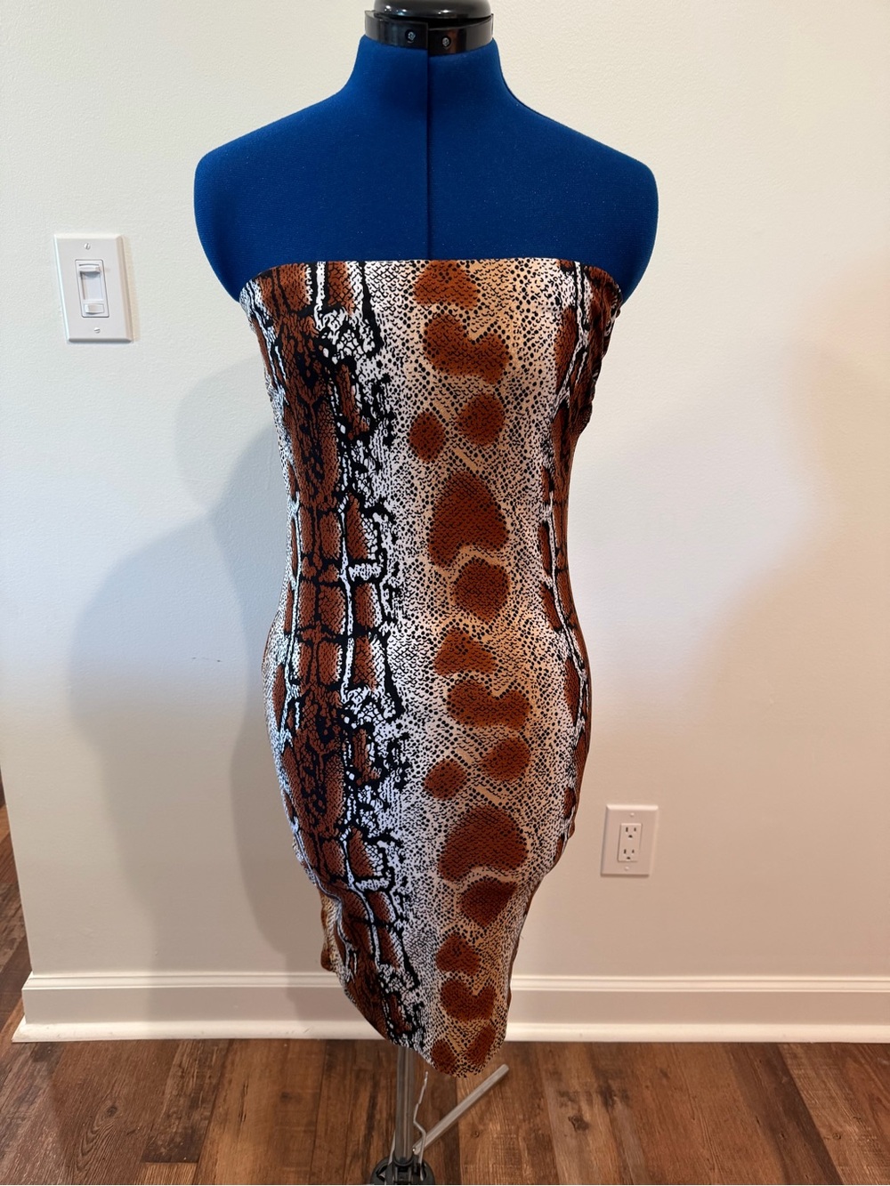 Strapless Midi Snake Print Bodycon Dress in Brown & Black